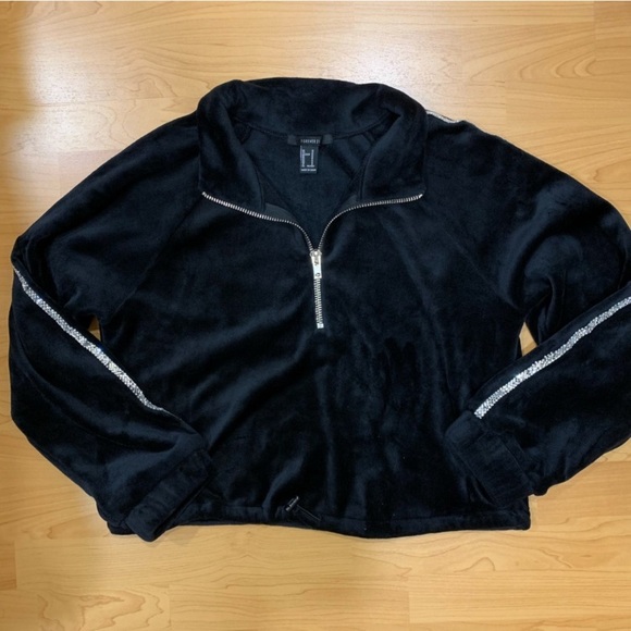 3/$15 Forever 21 Black Velvet Rhinestone Quarter Zip Sweater - Picture 1 of 9